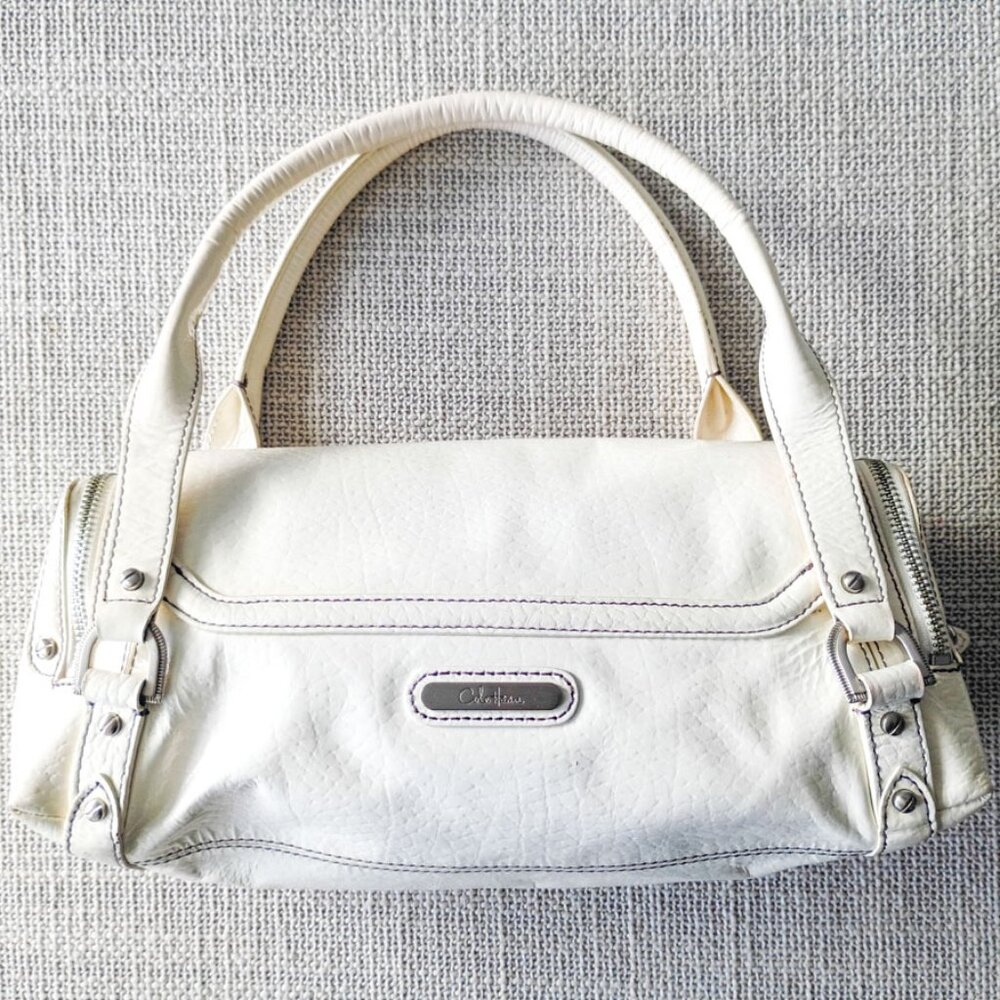 Cole Haan Off White Leather Satchel Handbag Purse – Zip Closure, Classic Style